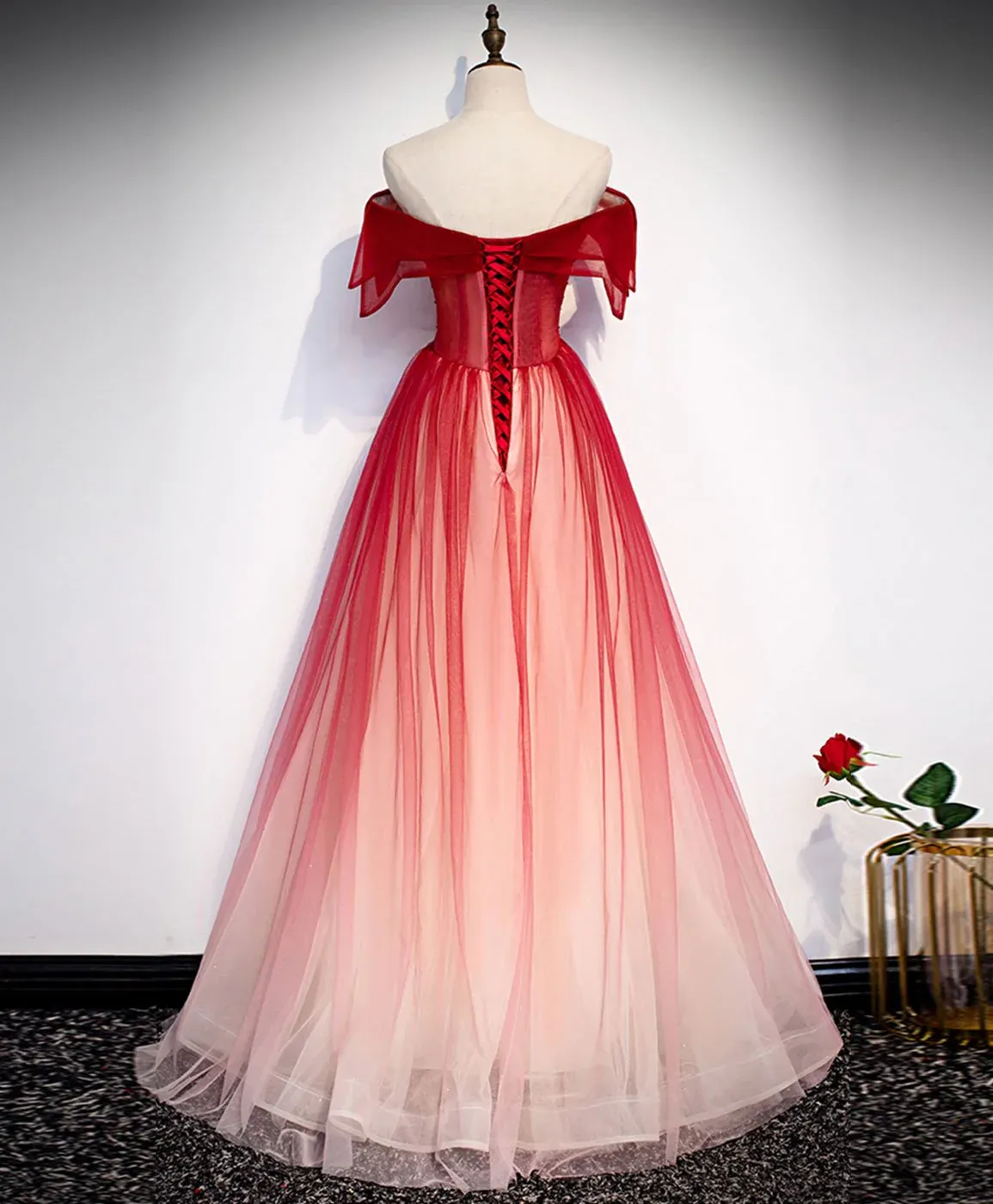 Burgundy Off Shoulder Tulle Long Prom Dress, Burgundy Formal Dress       fg5699