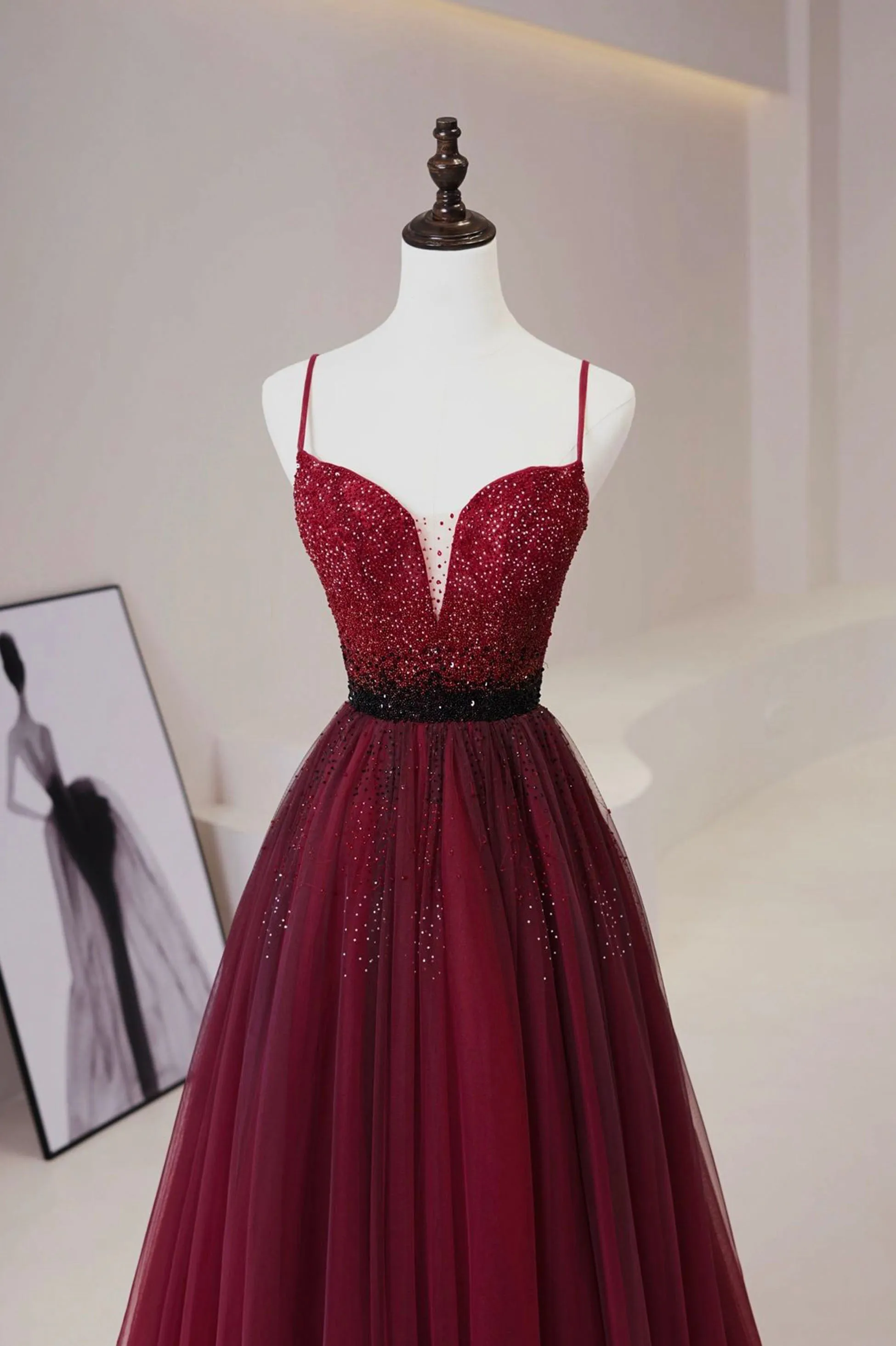 Burgundy Tulle Long Prom Dress with Beaded, Spaghetti Straps Evening Dress