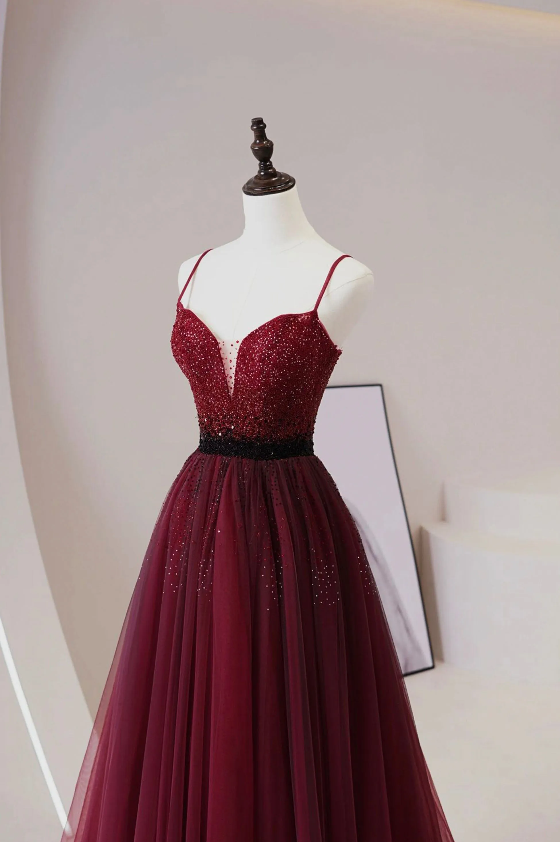 Burgundy Tulle Long Prom Dress with Beaded, Spaghetti Straps Evening Dress