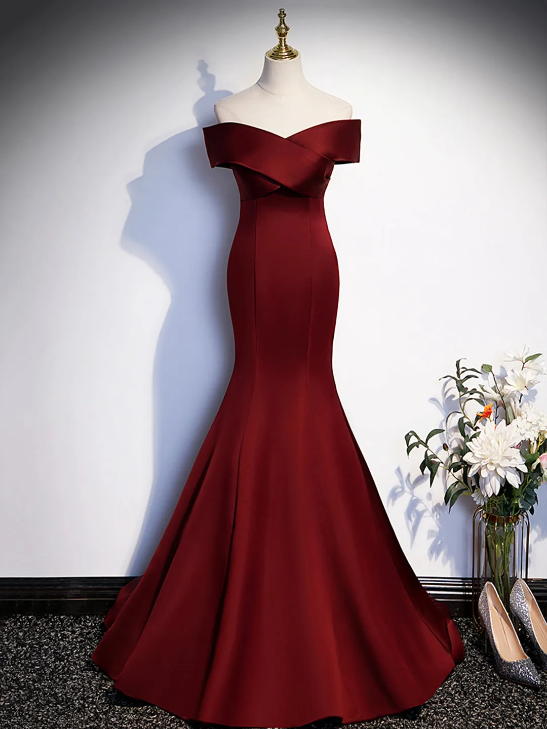 Burgundy V-Neck Satin Long Prom Dress, Mermaid Off Shoulder Evening Dress with Bow