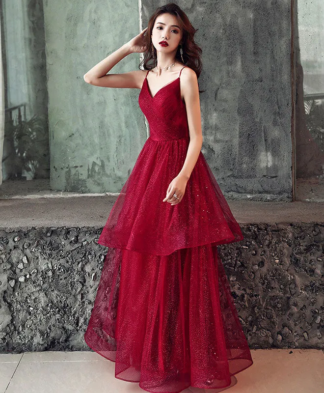 Burgundy V Neck Tulle Long Prom Dress, Shiny Burgundy Evening Dress