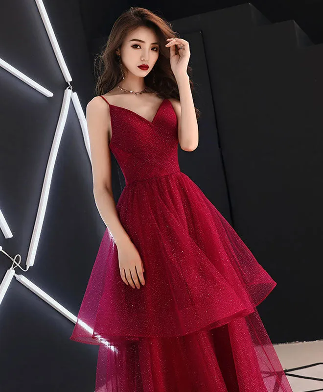 Burgundy V Neck Tulle Long Prom Dress, Shiny Burgundy Evening Dress