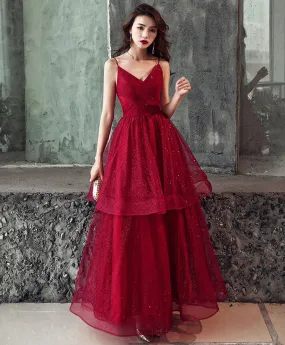 Burgundy V Neck Tulle Long Prom Dress, Shiny Burgundy Evening Dress