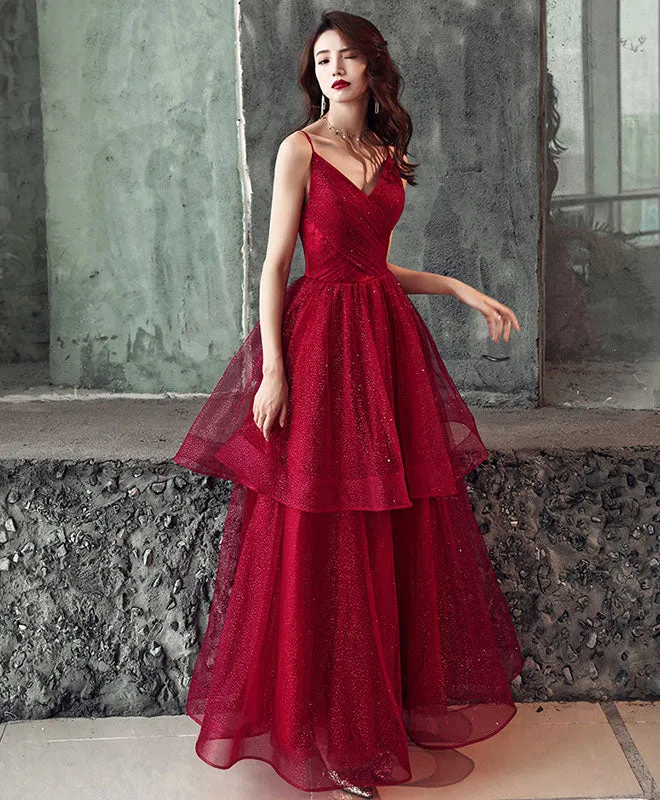 Burgundy V Neck Tulle Long Prom Dress, Shiny Burgundy Evening Dress