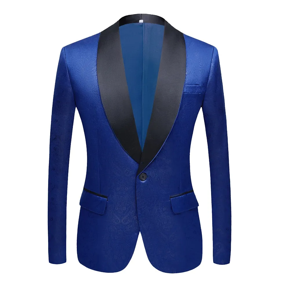 CGSUITS Men's Fashion Luxury Style Jacquard Navy Blue & Black Tuxedo Blazer Suit Jacket