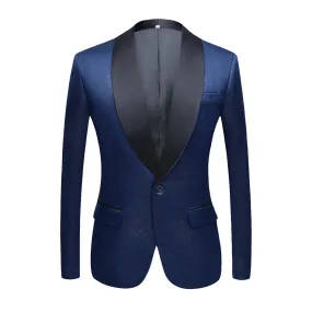 CGSUITS Men's Fashion Luxury Style Jacquard Navy Blue & Black Tuxedo Blazer Suit Jacket