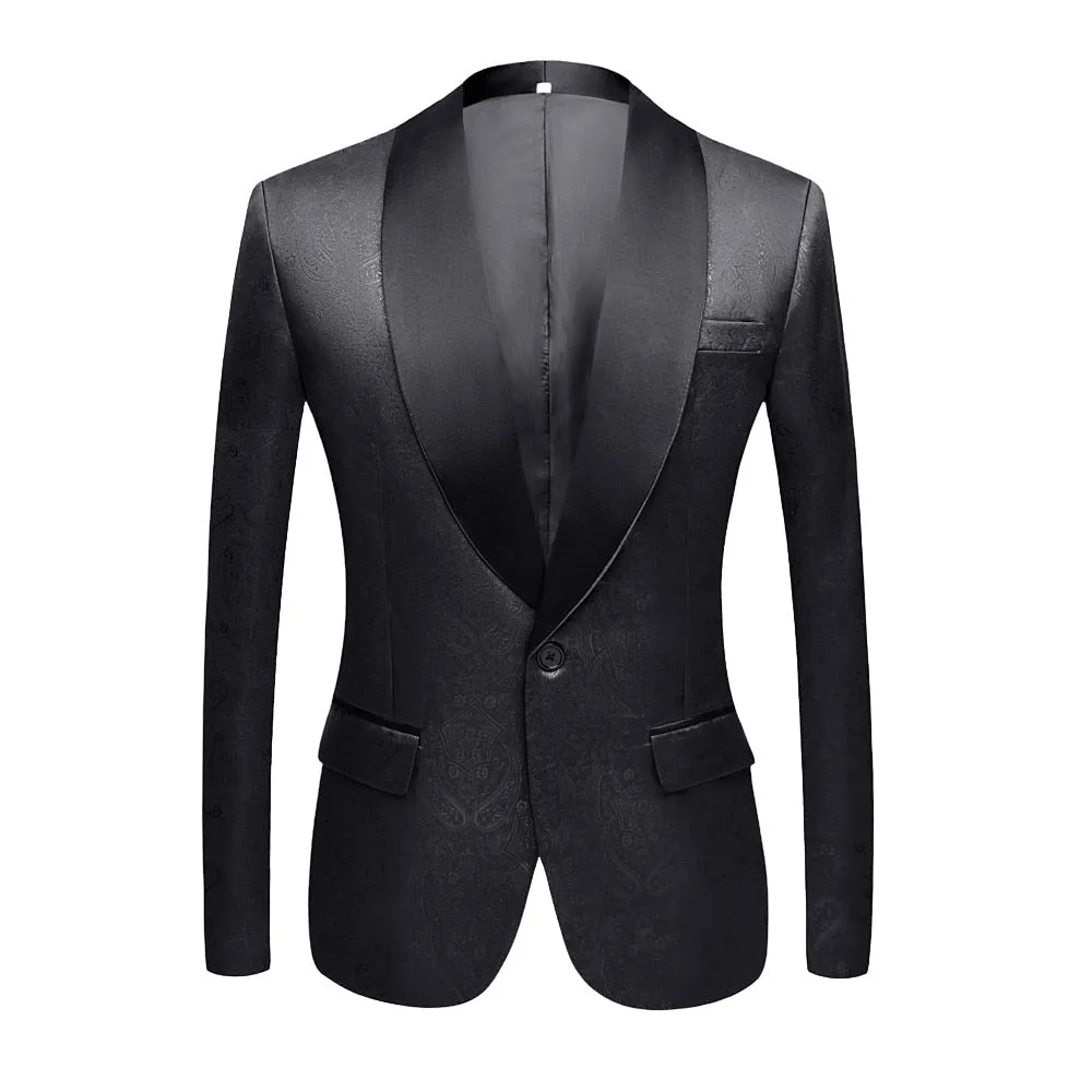 CGSUITS Men's Fashion Luxury Style Jacquard Navy Blue & Black Tuxedo Blazer Suit Jacket