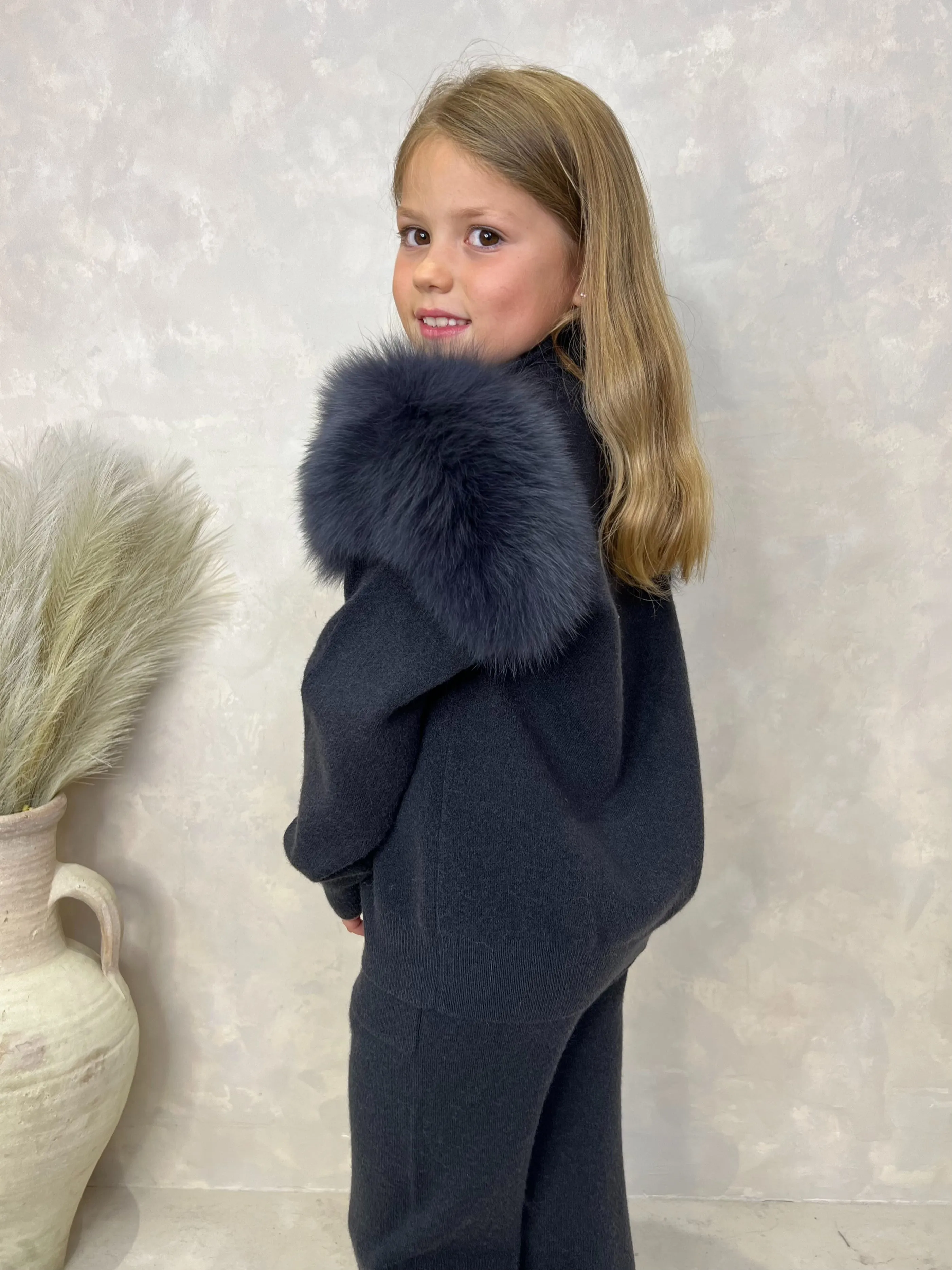 Childrens Charcoal Luxury Fur Roll Neck Jogger Tracksuit