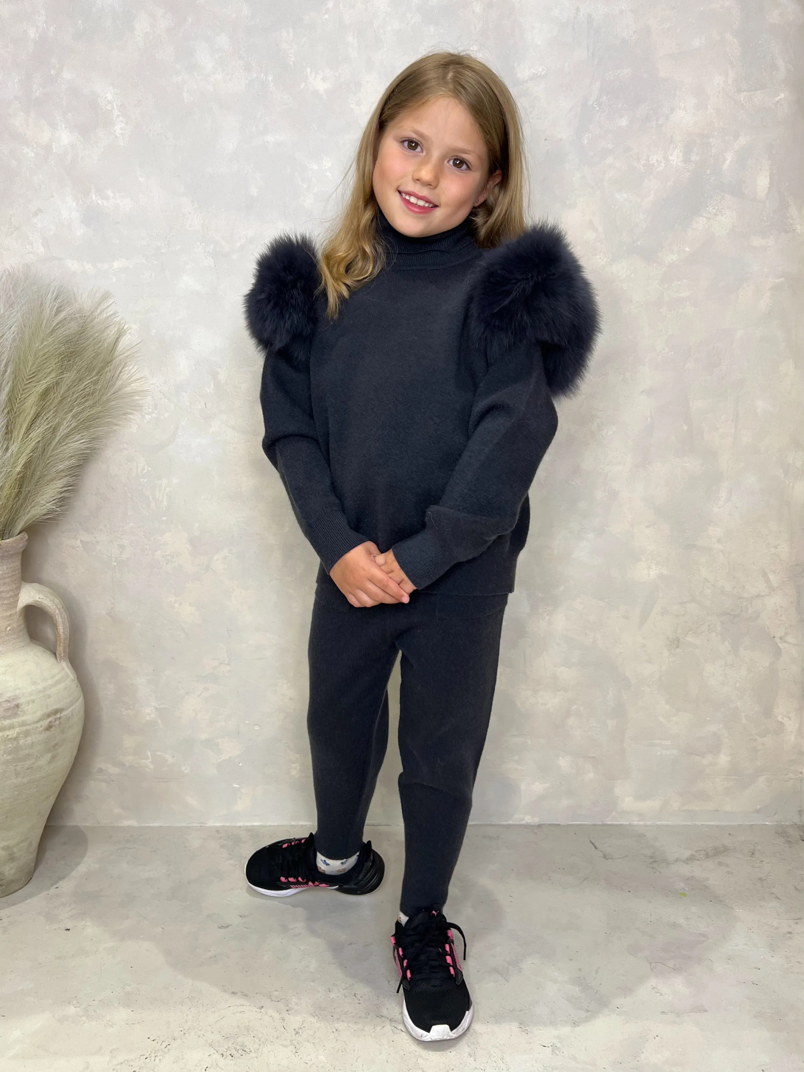 Childrens Charcoal Luxury Fur Roll Neck Jogger Tracksuit