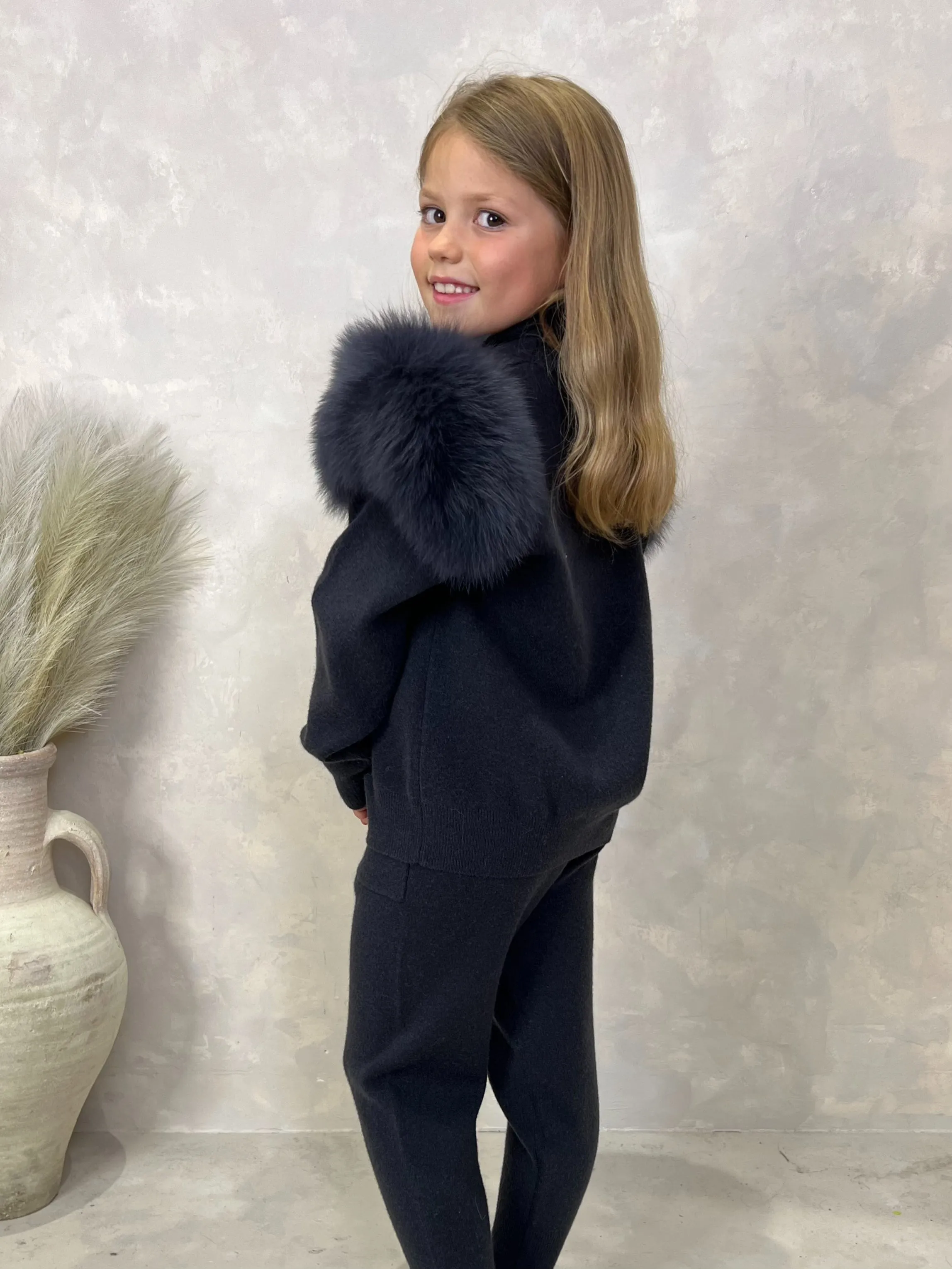 Childrens Charcoal Luxury Fur Roll Neck Jogger Tracksuit