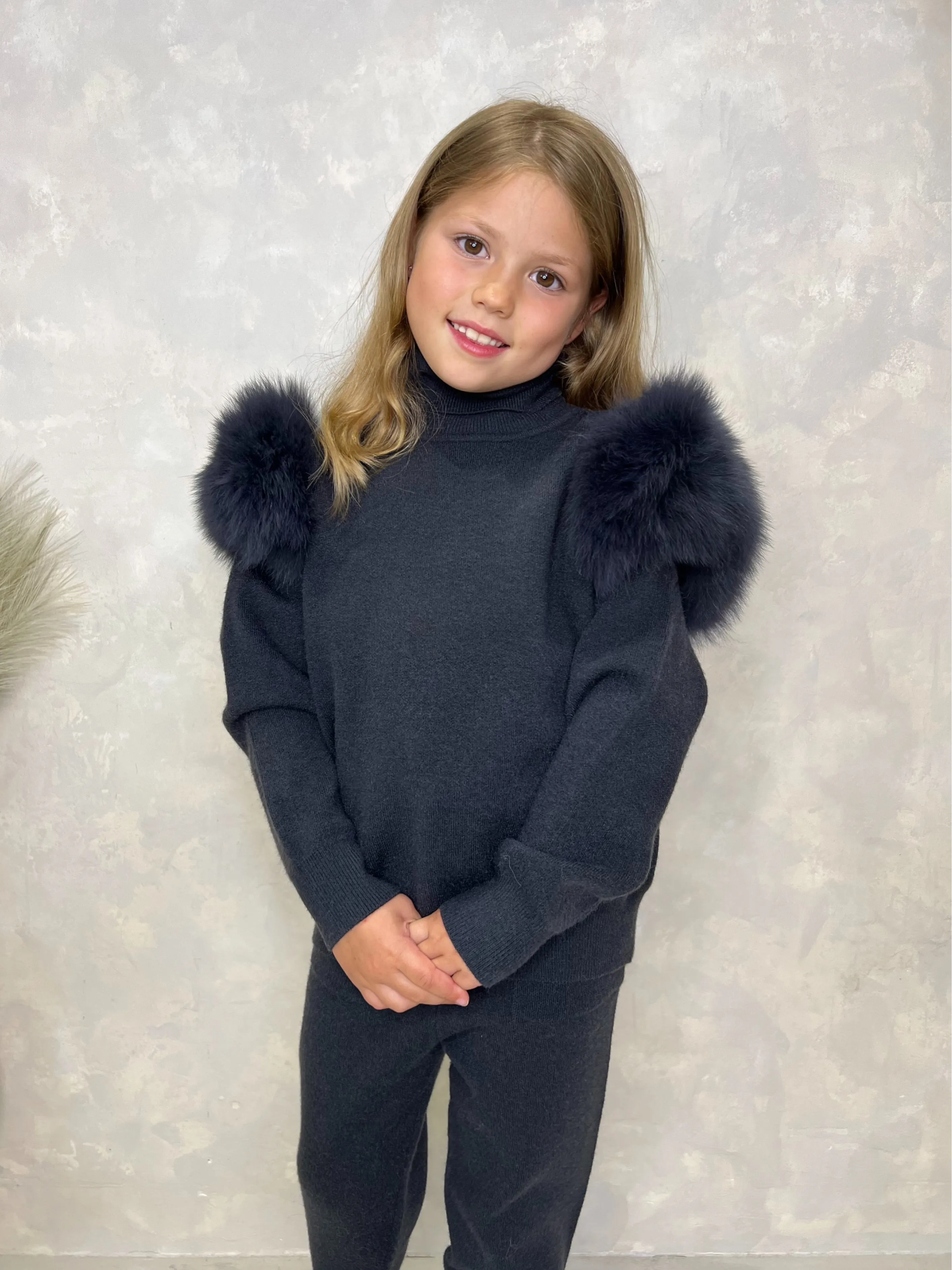 Childrens Charcoal Luxury Fur Roll Neck Jogger Tracksuit