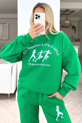 Climbing life's hill green  printed sweater loungewear set