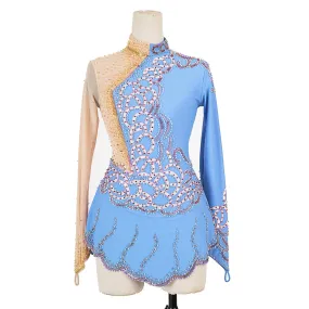 Competition Figure Skating Dress Lilac and Gold 1 Sleeve Hand Beaded Skin Tone Mesh