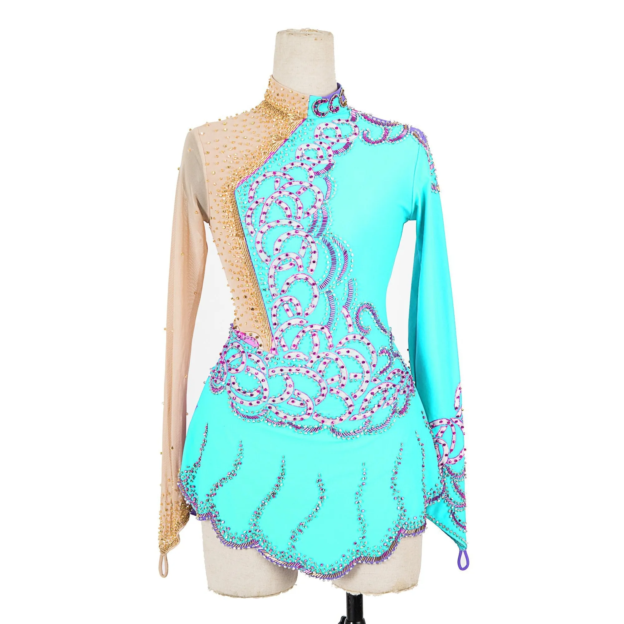 Competition Figure Skating Dress Lilac and Gold 1 Sleeve Hand Beaded Skin Tone Mesh