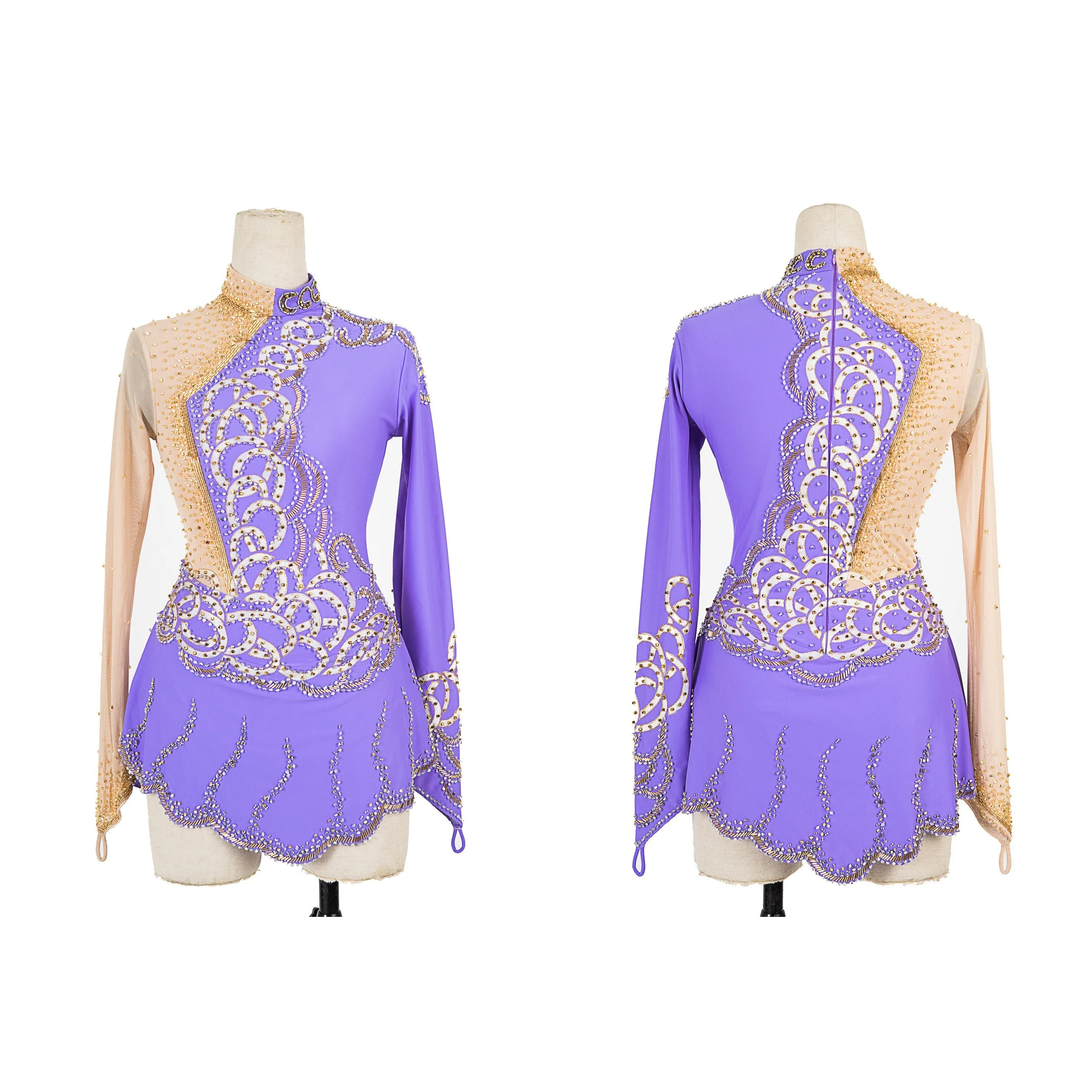 Competition Figure Skating Dress Lilac and Gold 1 Sleeve Hand Beaded Skin Tone Mesh