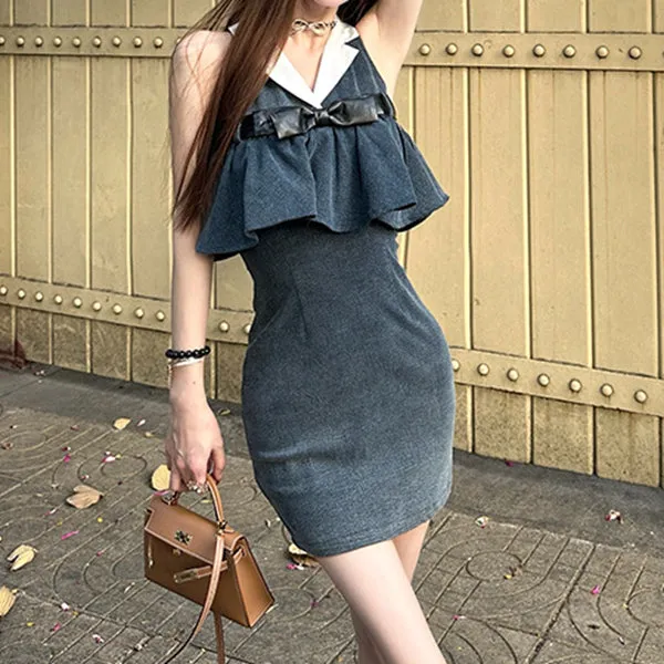 Contrast Lapel Waist Sleeveless Denim Dress