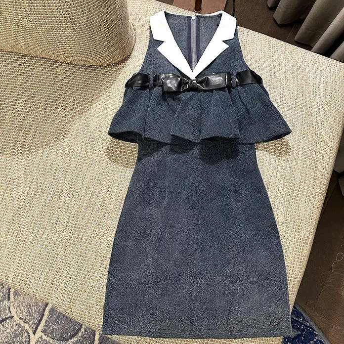 Contrast Lapel Waist Sleeveless Denim Dress