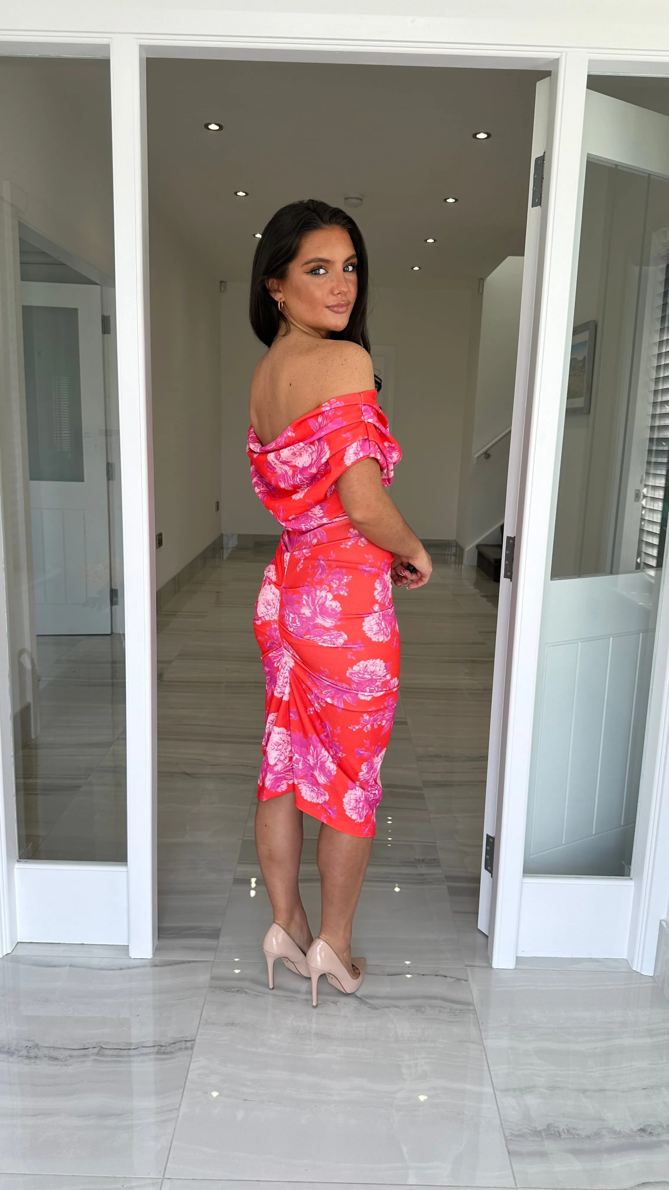 Coral/Purple Floral Drape Shoulder Midi Bodycon Dress