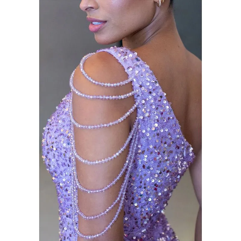 Couture & Ornate One Shoulder Sleeveless Slit Sequins Evening Party Prom Dress