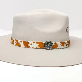 Cow Print Hat Band with Silver Tone Charm in Brown, and Ivory