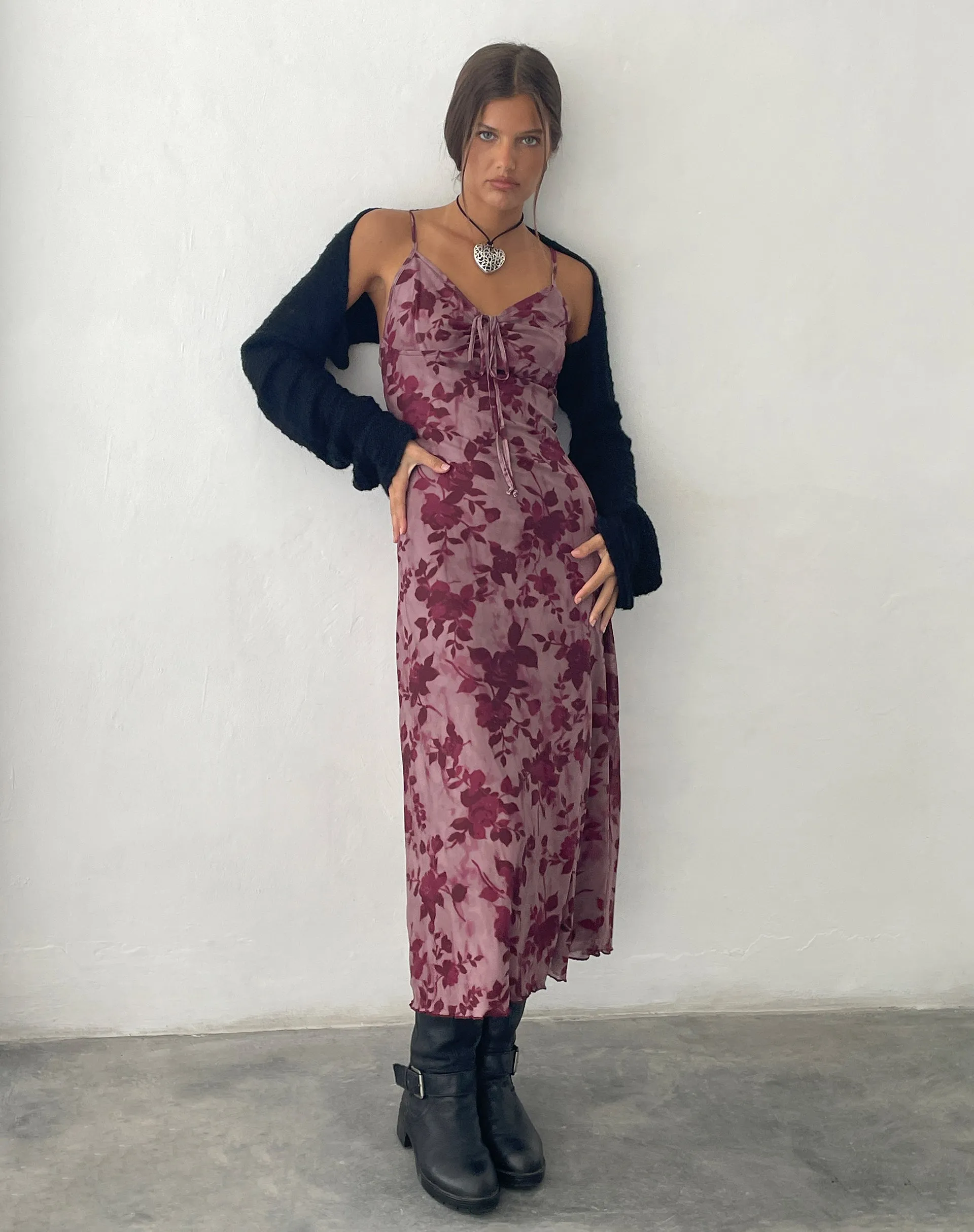 Coya Maxi Dress in Mesh Maroon Blurred Flower