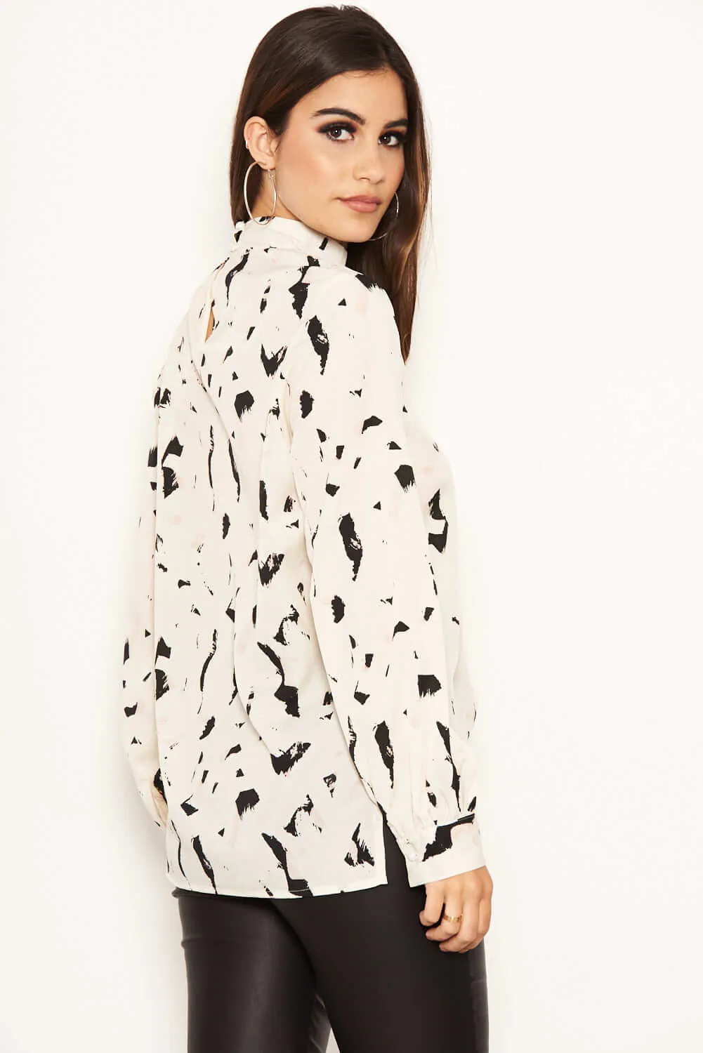 Cream Abstract Print High Neck Top