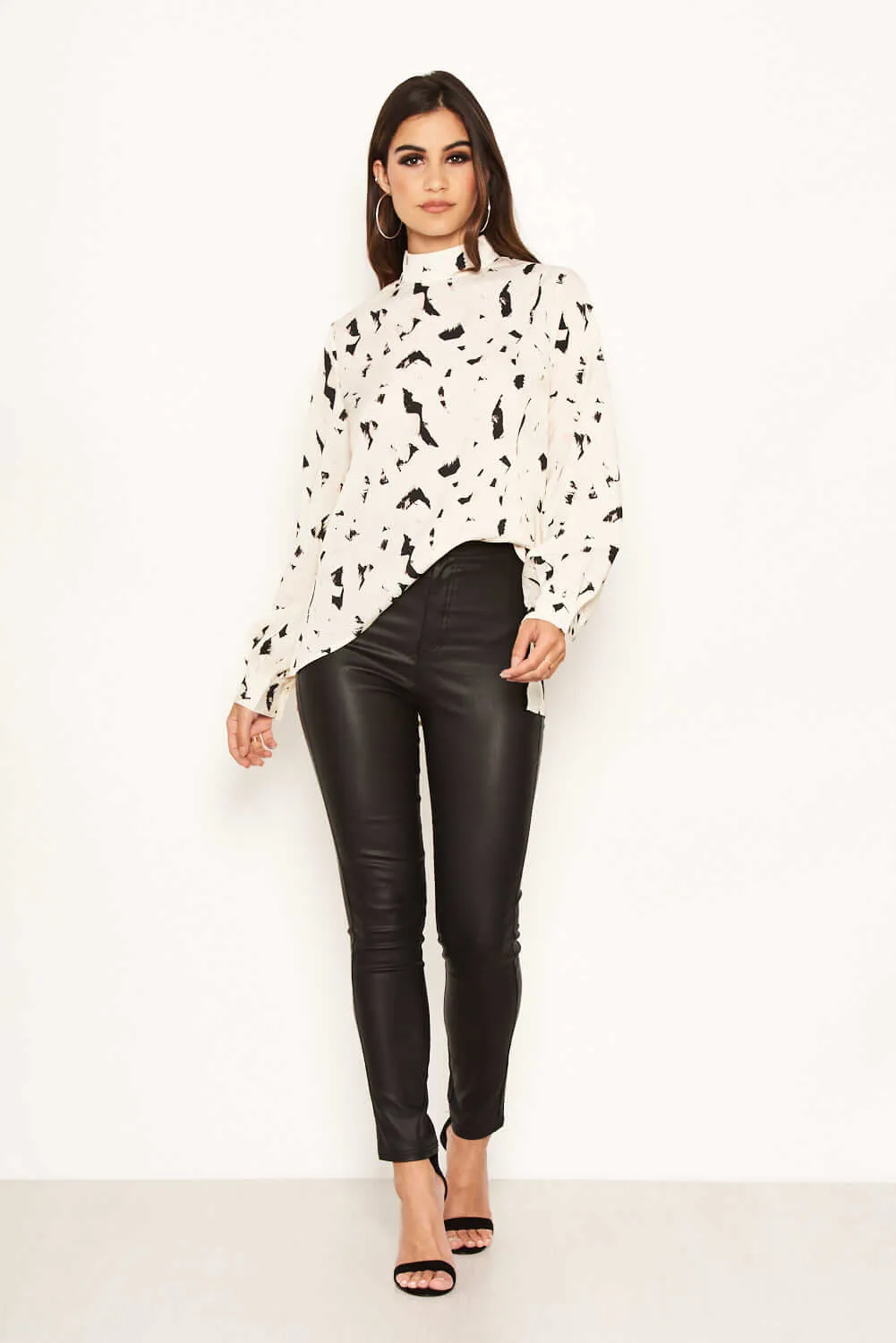 Cream Abstract Print High Neck Top