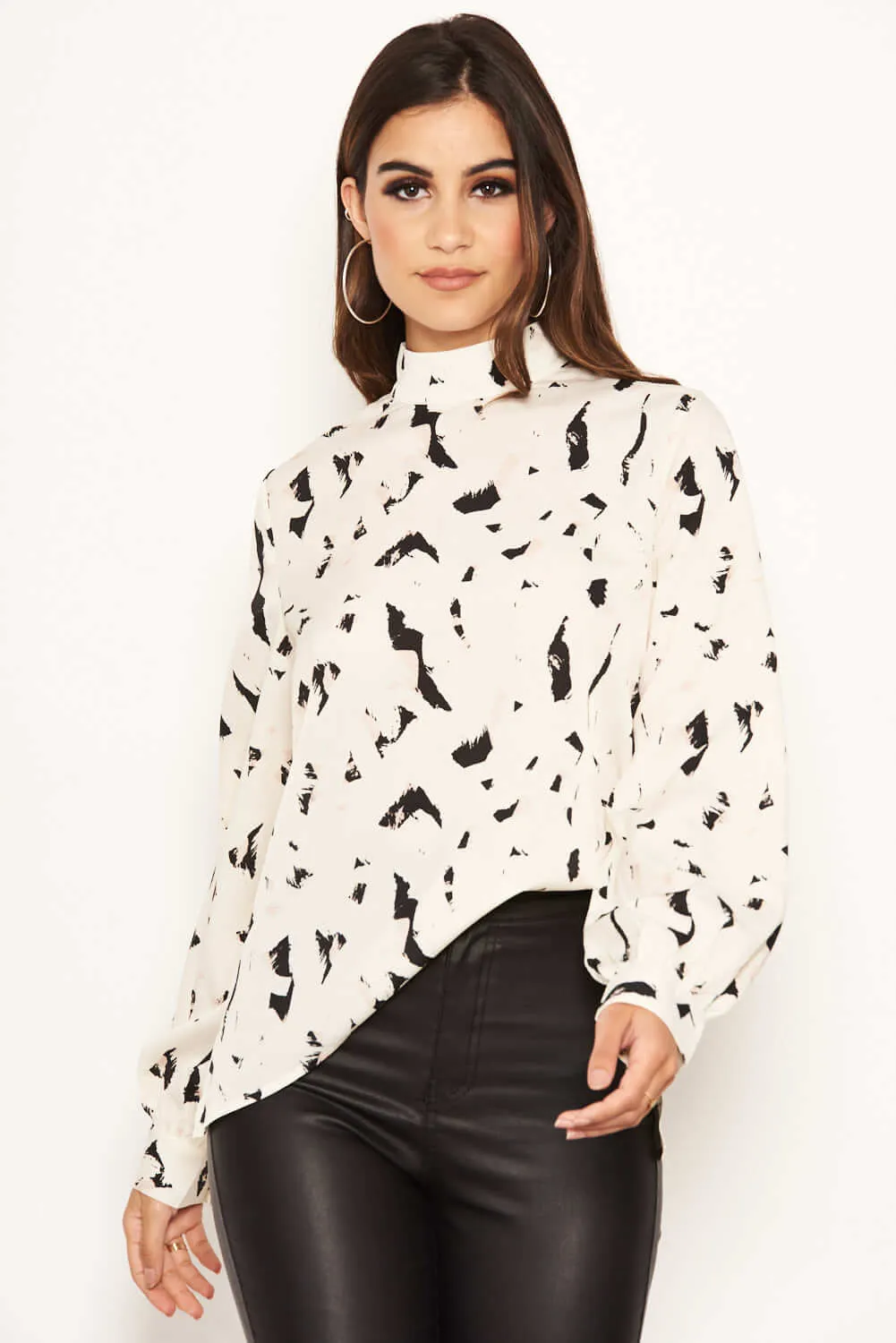 Cream Abstract Print High Neck Top