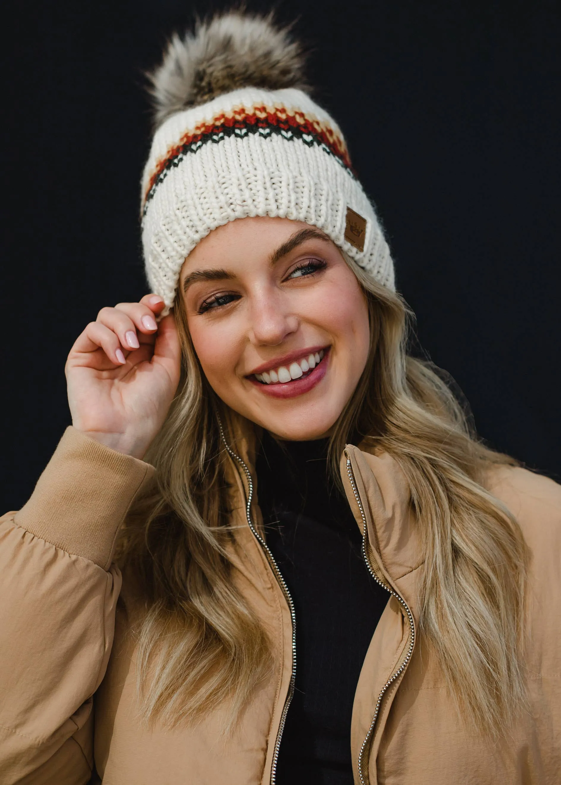 Cream, Mustard, Rust & Olive Patterned Pom Hat