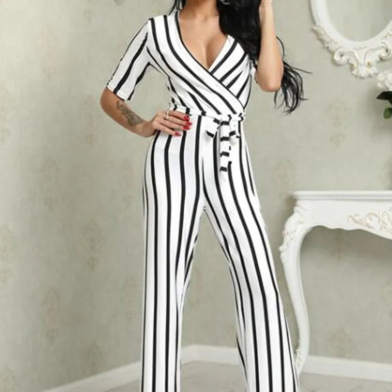 Deep V Neck Sashes Women Half Sleeve Jumpsuit