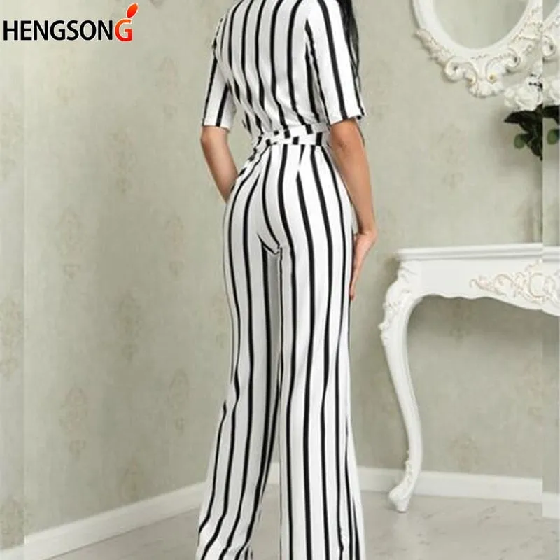 Deep V Neck Sashes Women Half Sleeve Jumpsuit