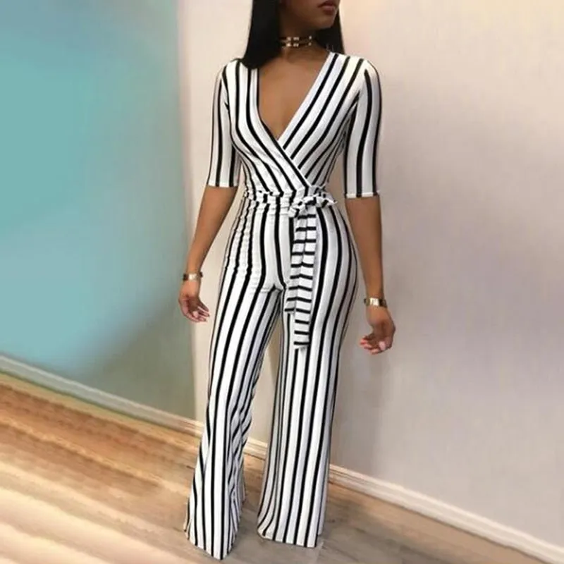 Deep V Neck Sashes Women Half Sleeve Jumpsuit