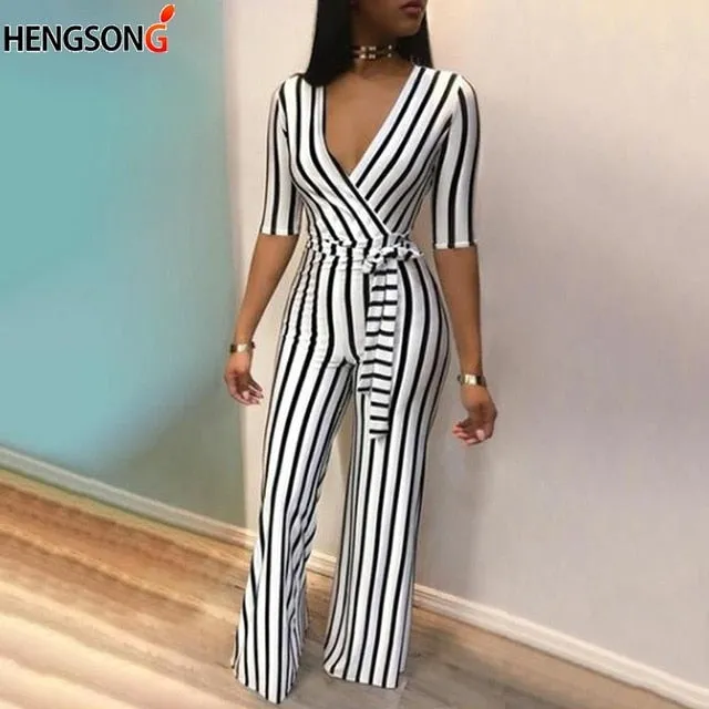 Deep V Neck Sashes Women Half Sleeve Jumpsuit