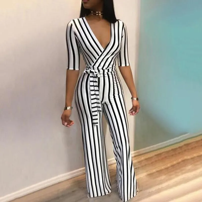 Deep V Neck Sashes Women Half Sleeve Jumpsuit