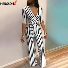 Deep V Neck Sashes Women Half Sleeve Jumpsuit