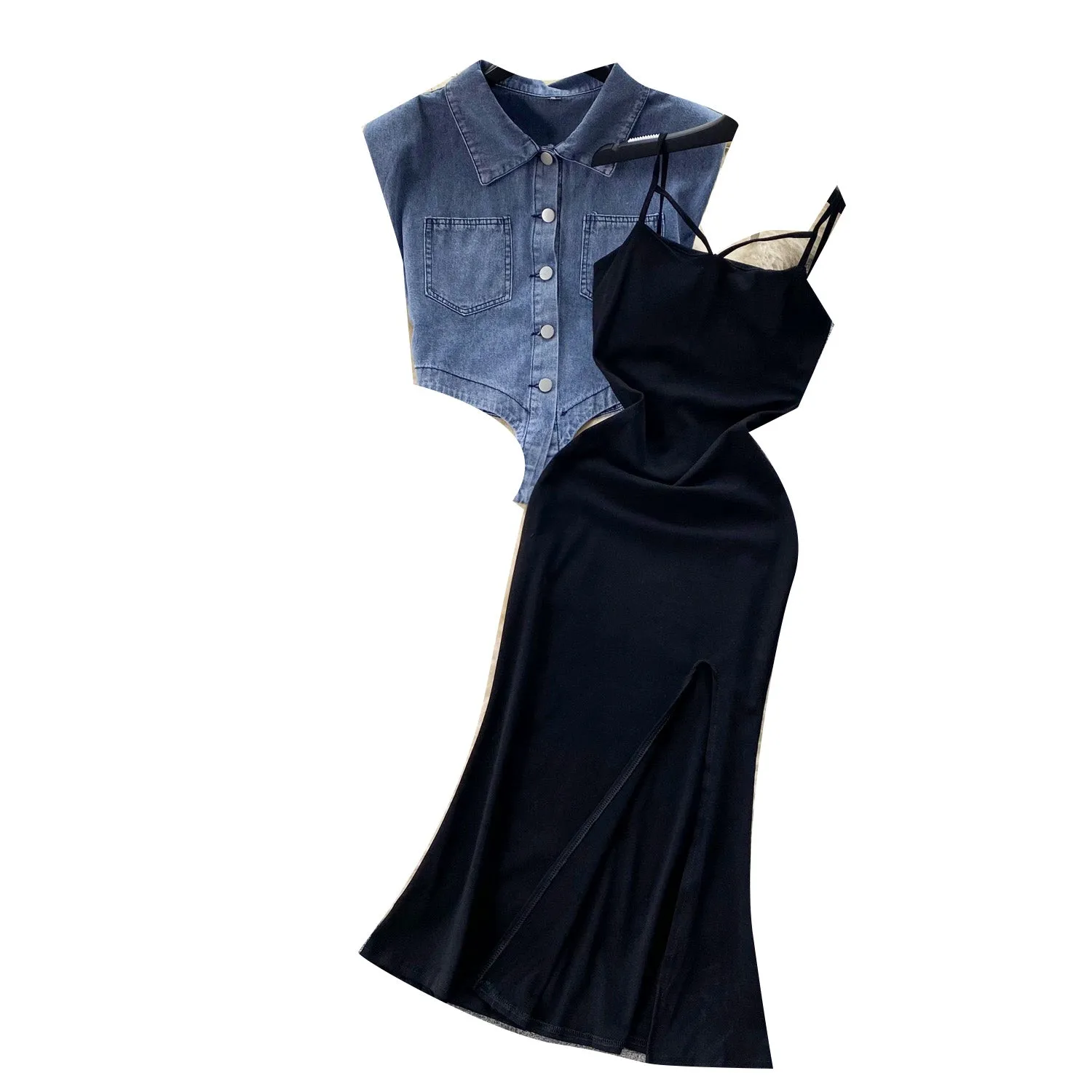 Denim Jacket&Black Slip Dress 2Pcs