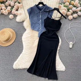 Denim Jacket&Black Slip Dress 2Pcs