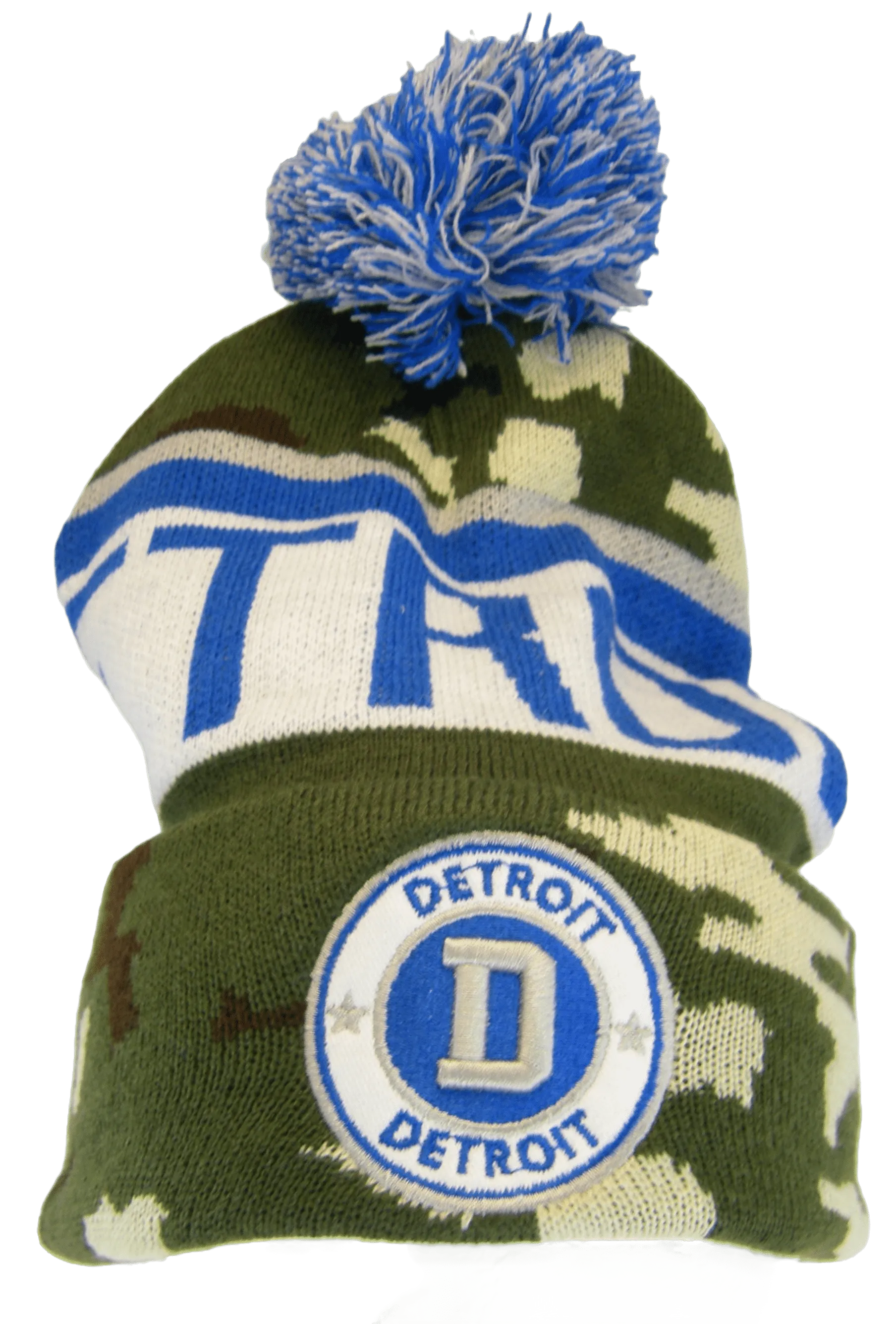 Detroit City Name Three Stripe Circular Patch Pom Beanie Winter Hat (Camo/Teal)