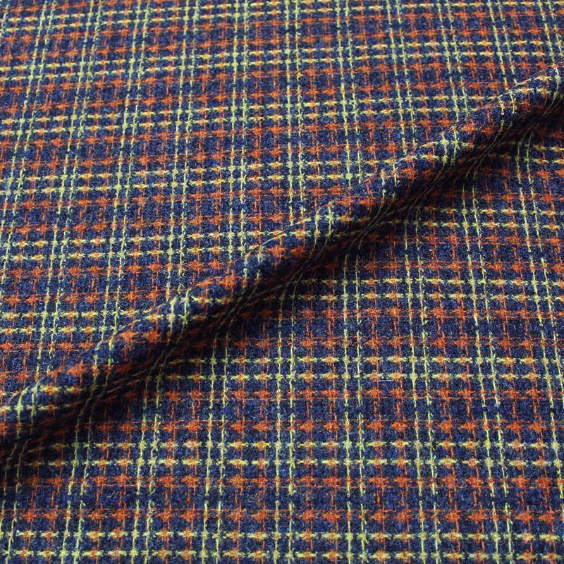 Dressmaking Wool Check - Navy - Mustard and Orange