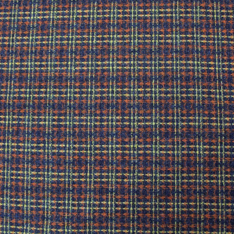 Dressmaking Wool Check - Navy - Mustard and Orange