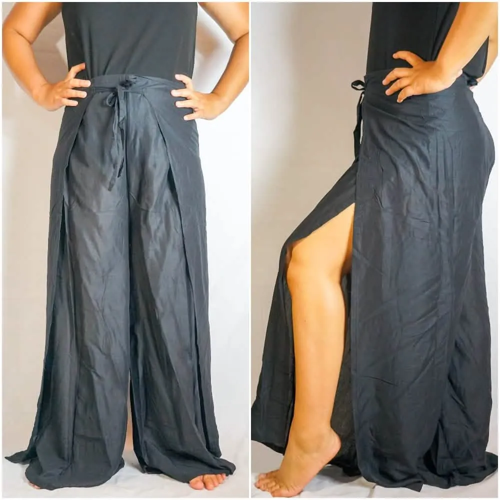 Elegant Black Boho Style Wrap Palazzo Trousers for Ultimate Comfort