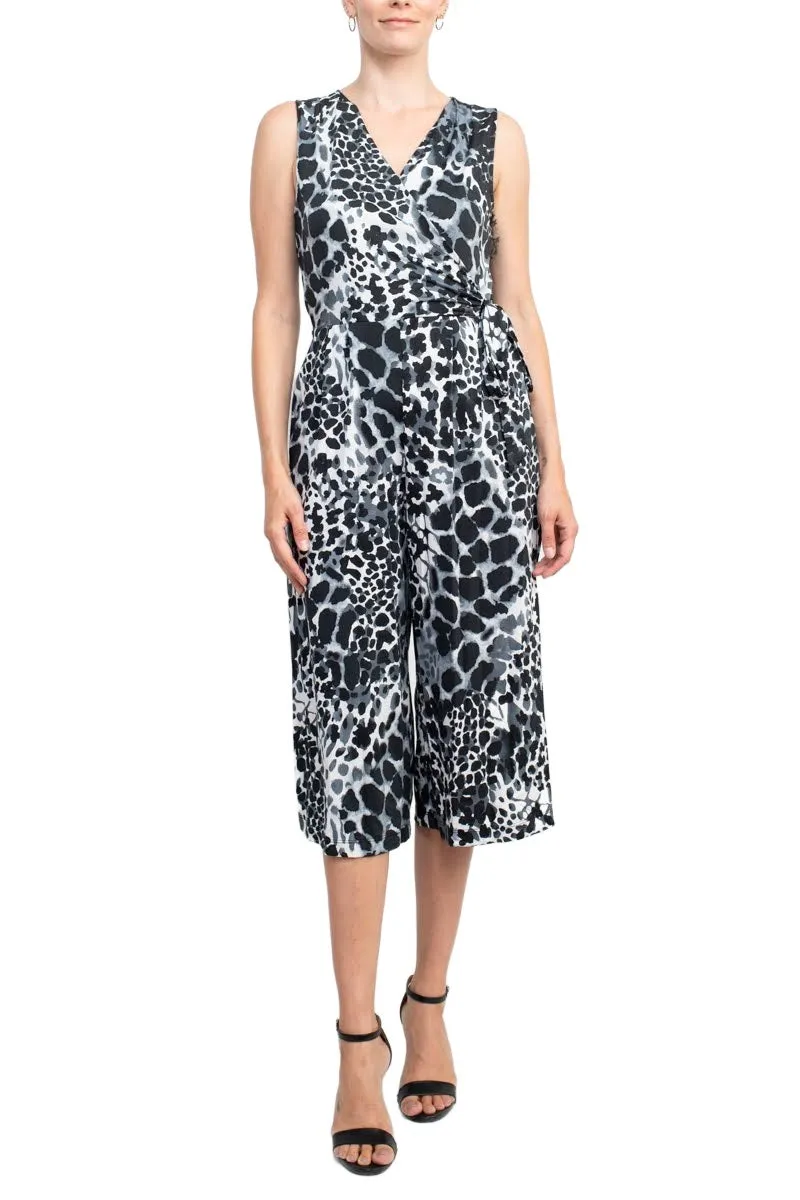 Emma & Michele V-Neck Sleeveless Tie Side Multi Print Pockets ITY Jumpsuit by Curated Brands