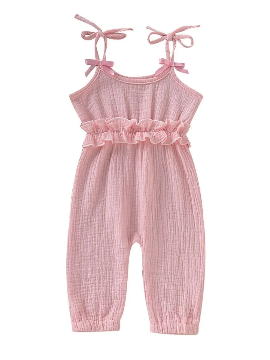 Fashion Bow Solid Color Tie Baby Muslin Overalls