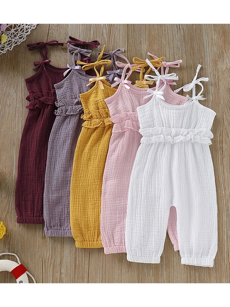 Fashion Bow Solid Color Tie Baby Muslin Overalls