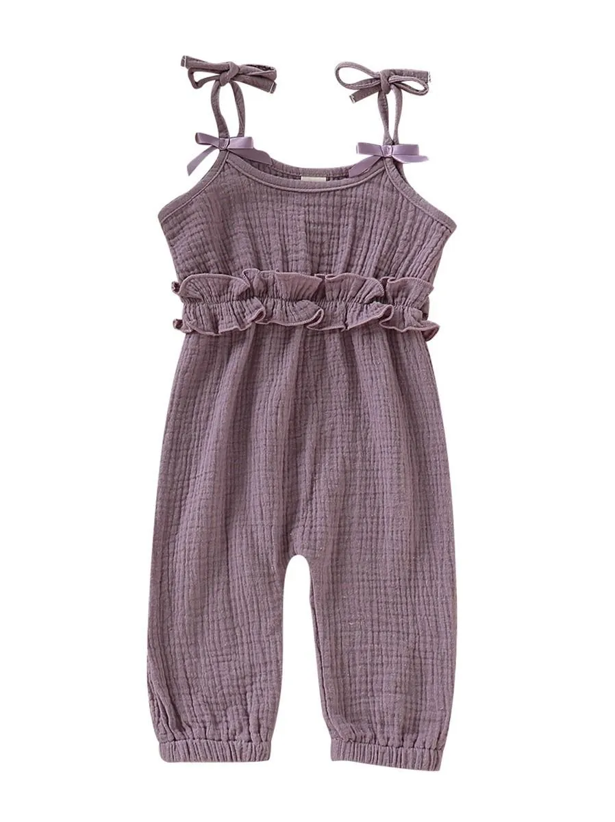 Fashion Bow Solid Color Tie Baby Muslin Overalls