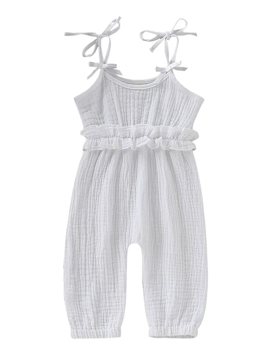 Fashion Bow Solid Color Tie Baby Muslin Overalls