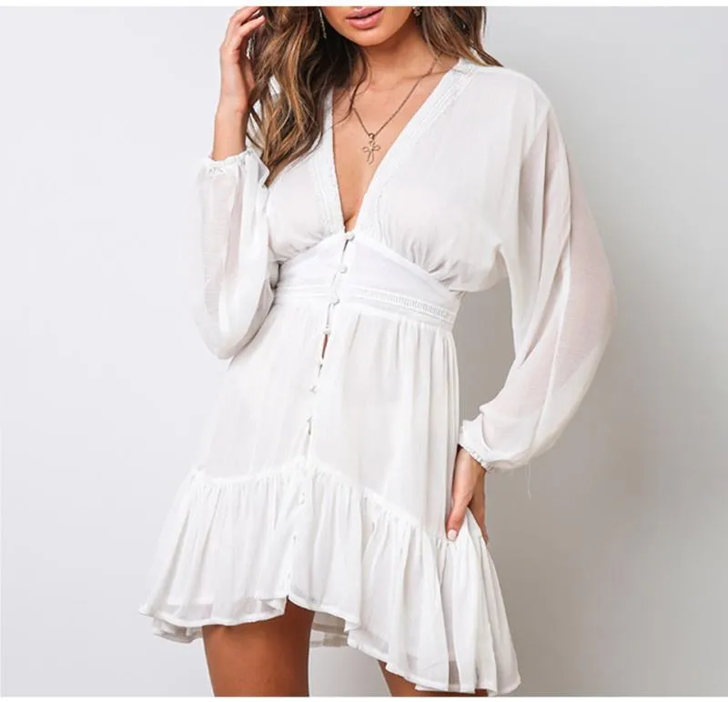 FashionSierra - V Neck Women's Spring Summer Dress Lace Long Sleeve Mini Party Dress