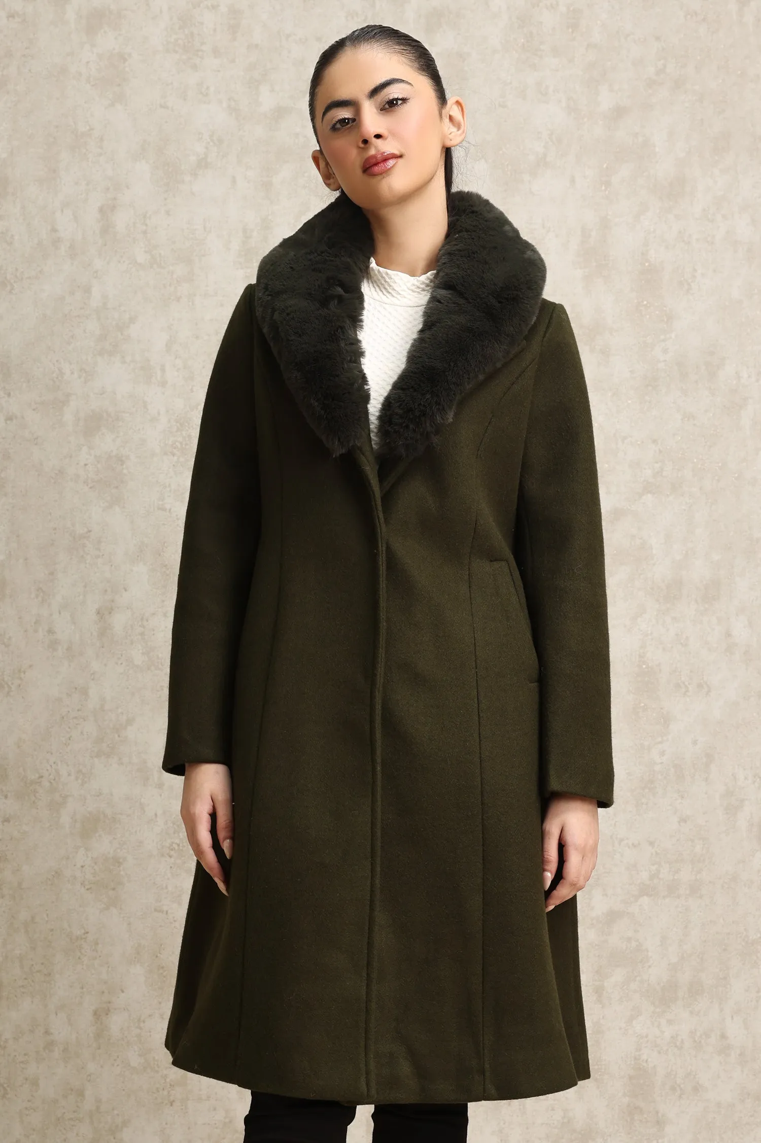 FAUX FUR COLLAR OVERCOAT-GREEN