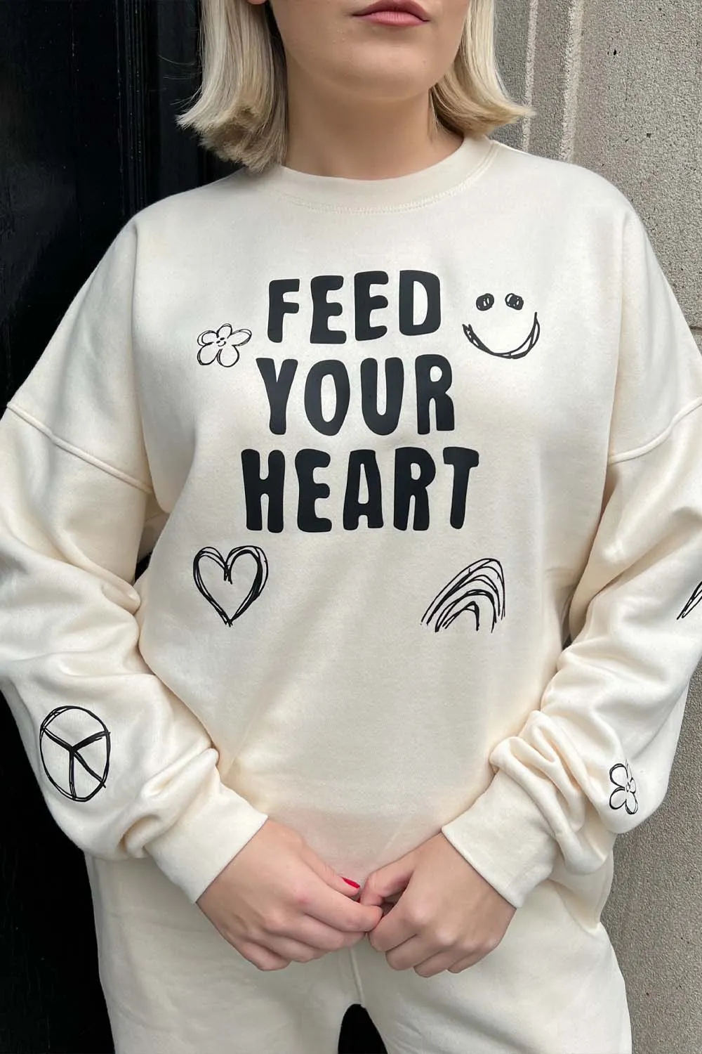 feed your heart premium ecru printed sweater loungewear set