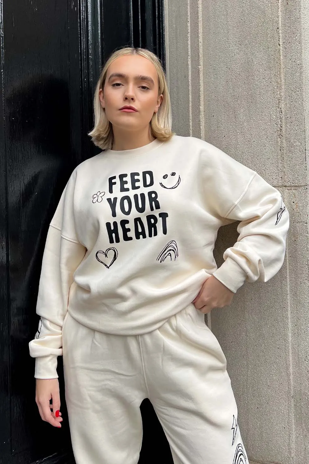 feed your heart premium ecru printed sweater loungewear set